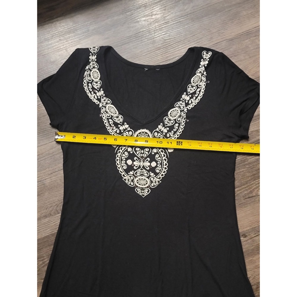 Black White Medallion Print V-Neck Short Sleeve T-Shirt Mini Dress Boho Casual - Picture 5 of 6